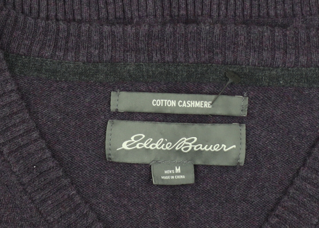 Eddie Bauer Men's Purple Cotton Cashmere V-Neck Jumper Medium