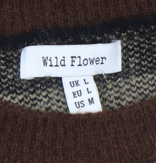 Wild Flower Women’s Brown Beige Abstract Knit Jumper UK L