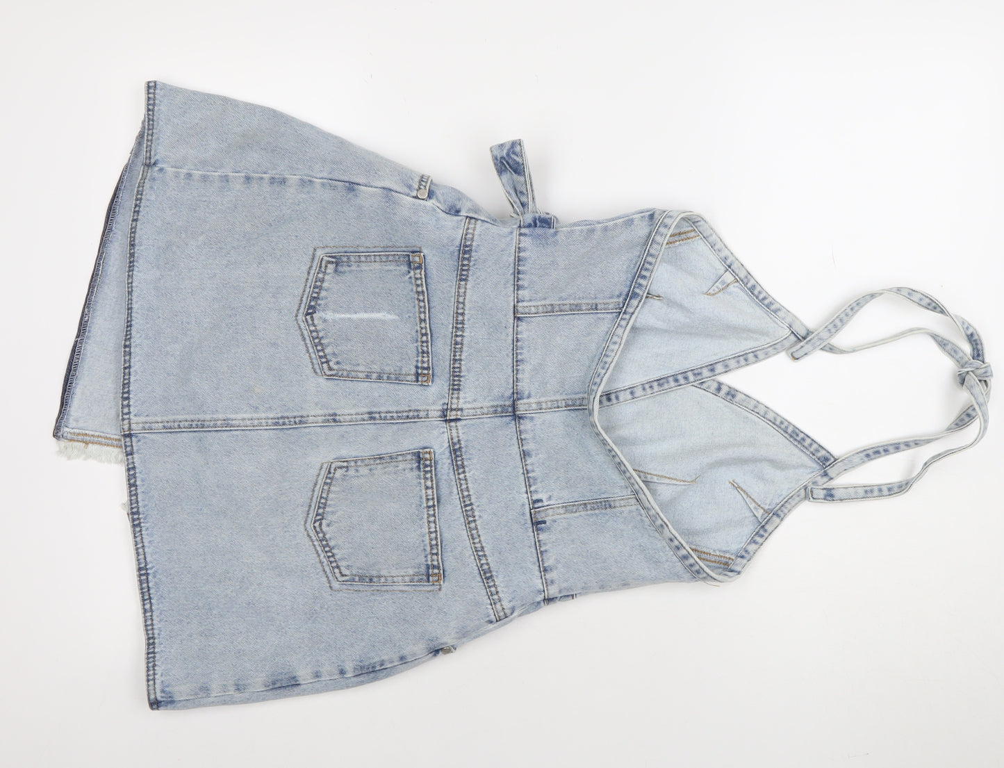 NEVA Women Blue Denim Halter Pinafore Short Dress Size M