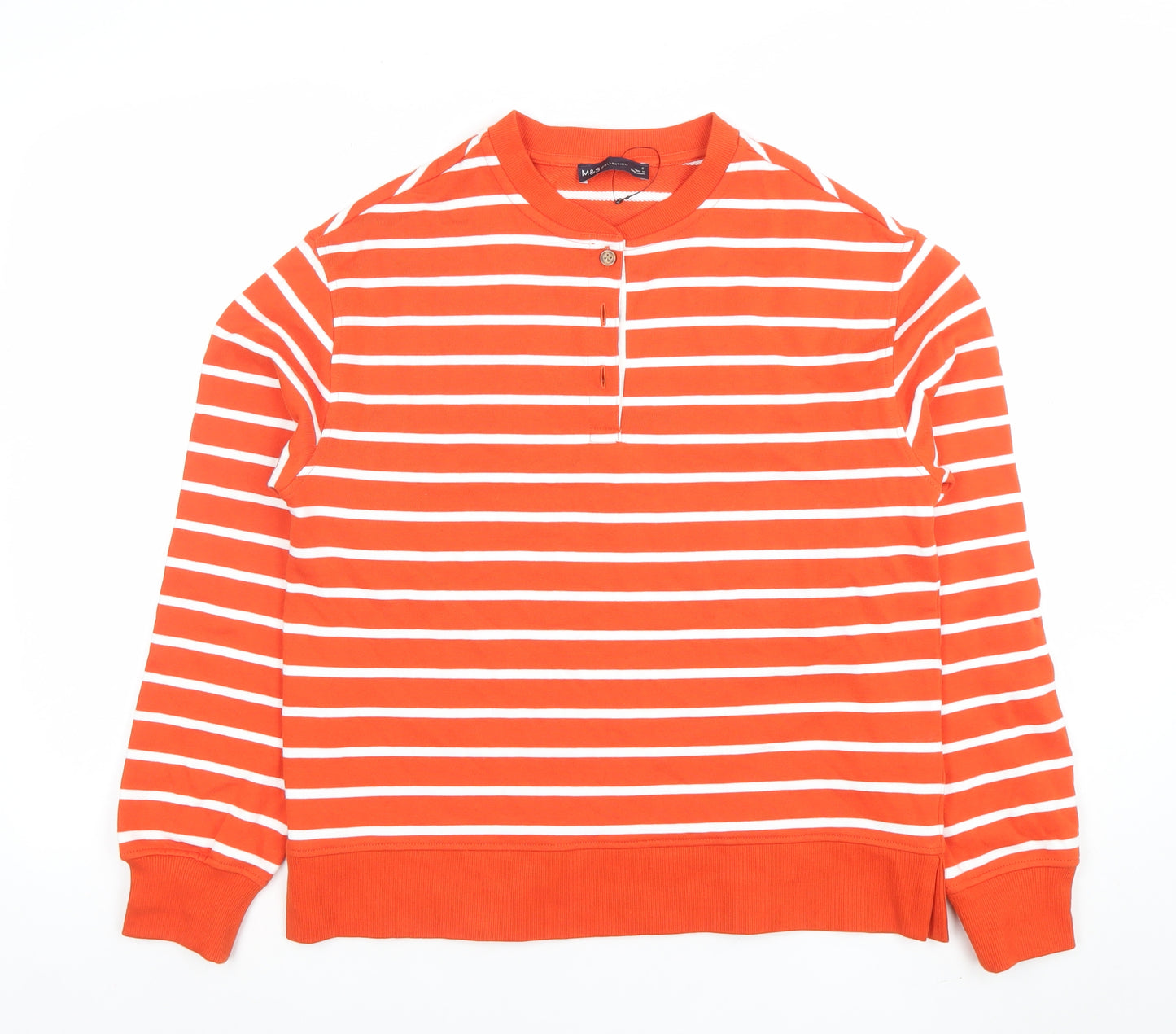 Marks and Spencer Women Orange Striped Cotton Henley Sweatshirt Size S