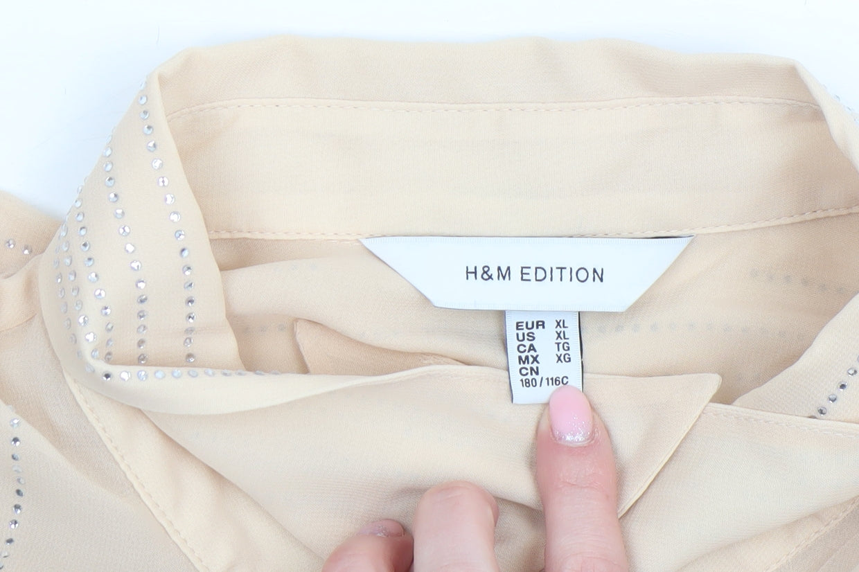 H&M Edition Women Beige Sheer Beaded Long Sleeve Collared Blouse XL