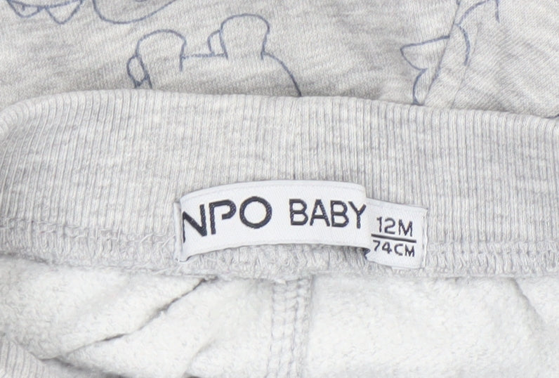 NPO Baby Grey Dinosaur Jogger Trousers 12 Months Unisex Cotton Blend