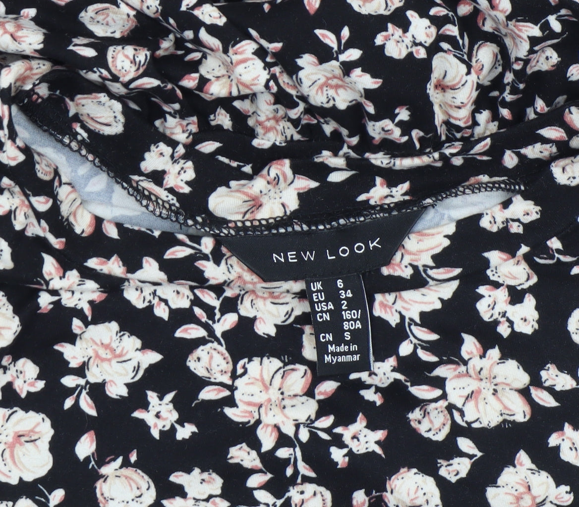 New Look Women Black Floral Shift Dress Size 6 Long Sleeve Ruffle Hem