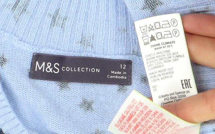 Marks and Spencer Womens Blue Star Print V-Neck Acrylic Jumper Size 12