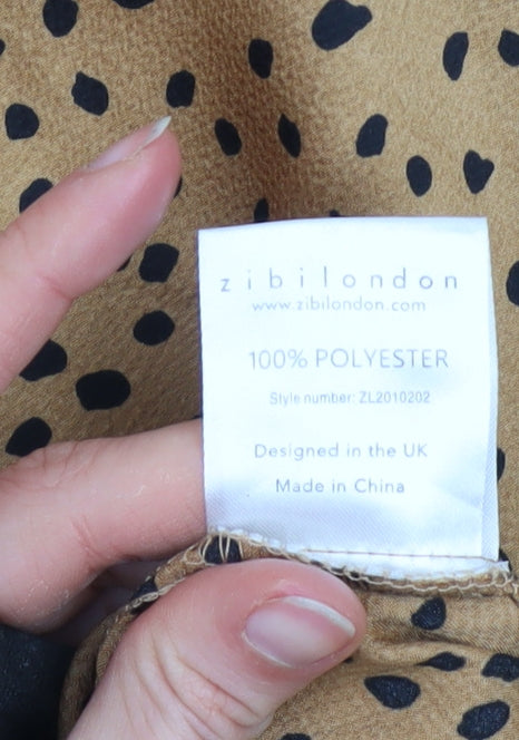 Zibilondon Womens Brown Polka Dot High Neck Long Sleeve Blouse Size 8