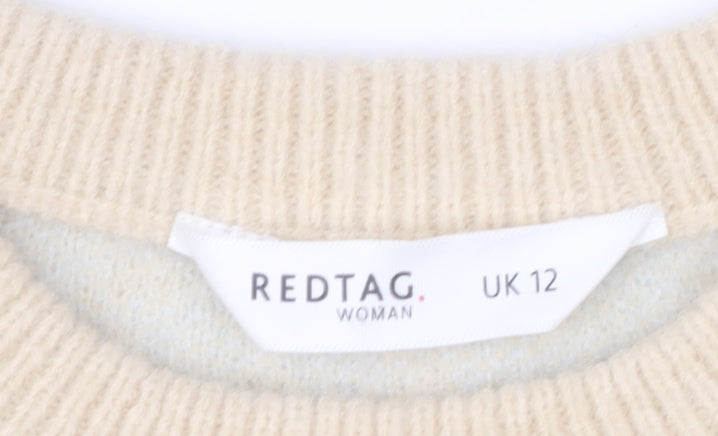 Redtag Woman Beige Blue Houndstooth Crew Neck Jumper UK 12