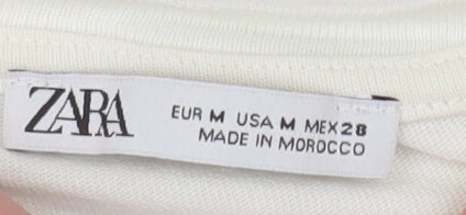 ZARA Women White Cotton Short Sleeve Crew Neck T-Shirt Size 12