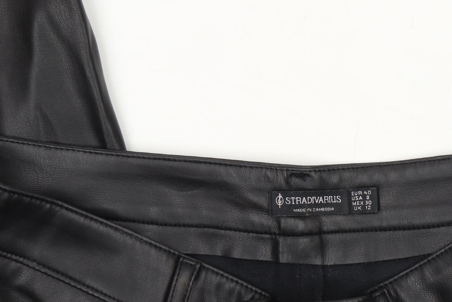 Stradivarius Women Black Faux Leather High Rise Straight Trousers Size 12