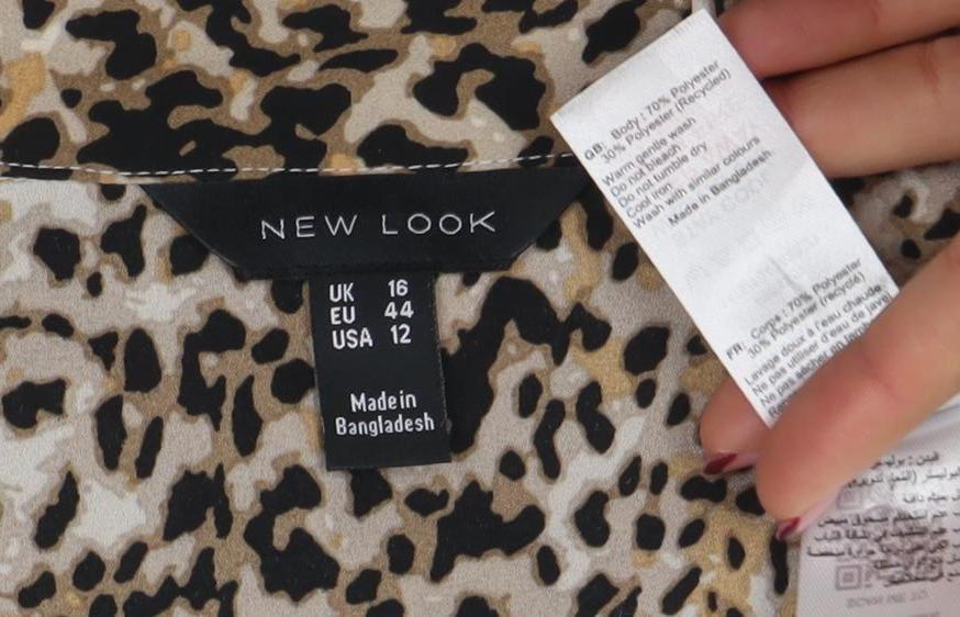 New Look Women’s Beige Animal Print Long Sleeve Button-Up Shirt Size 16