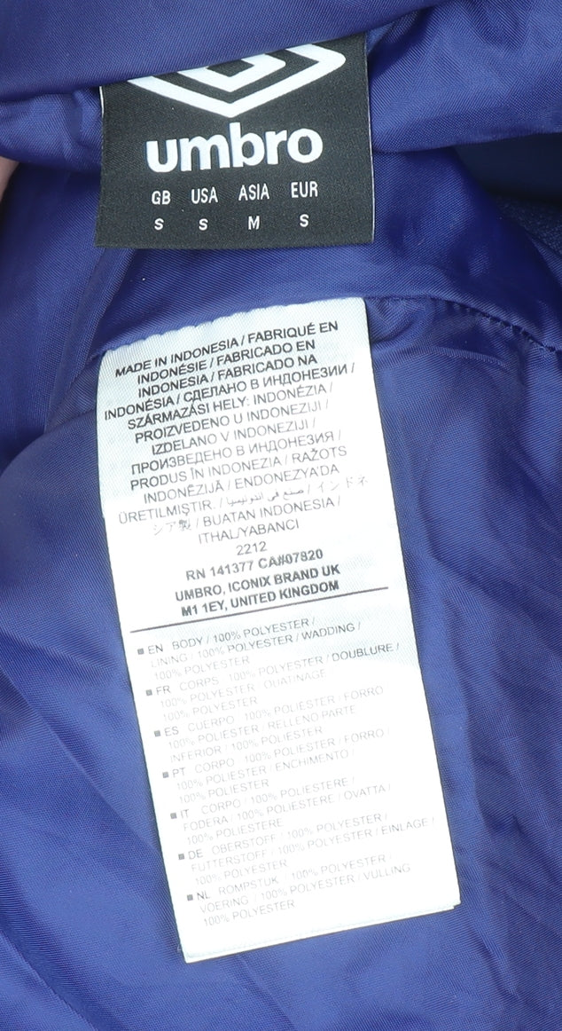 Umbro Men's Blue Long Hooded Puffer Jacket Size S Football Style