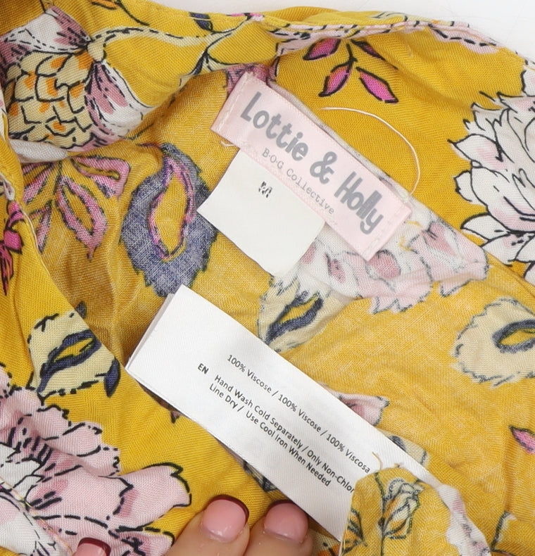Lottie & Holly Womens Yellow Floral Wrap Dress Size M V-Neck Ruffle Hem