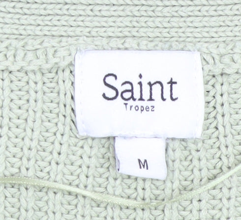 Saint Tropez Women Green Cotton V-Neck Short Sleeve Knit Jumper M