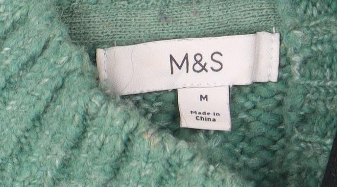 Marks and Spencer Women Green Cable-Knit Roll Neck Fringe Jumper M