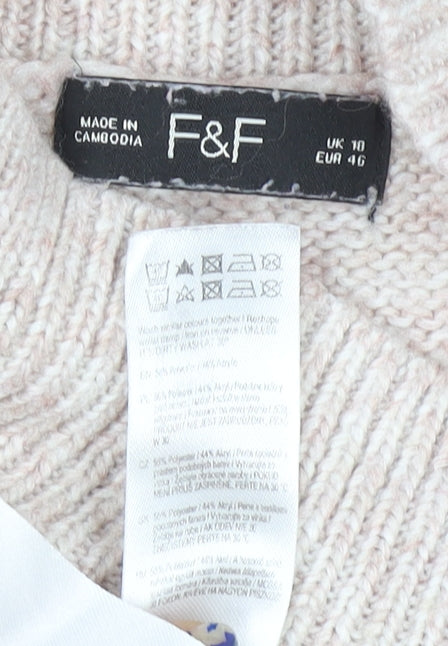 F&F Women Beige Roll Neck Cable-Knit Jumper UK 10 Regular Fit