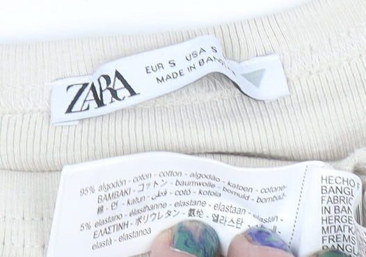 Zara Women Beige Short Sleeve Ruched T-Shirt Dress Size S