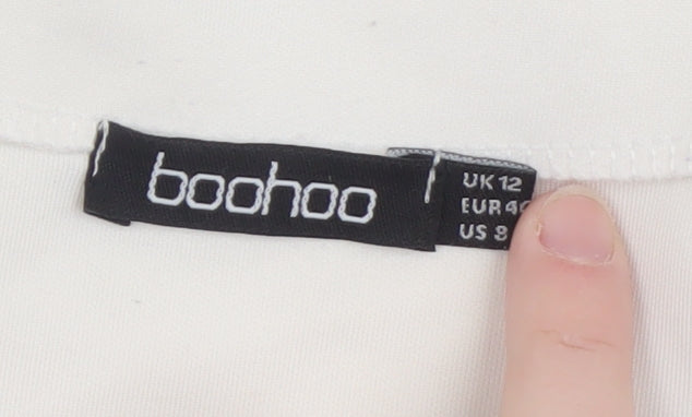 Boohoo Women's Ivory Cropped Blouse UK 12 Long Sleeve Jersey Top