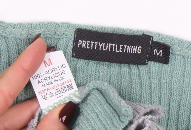 PrettyLittleThing Women Green Grey V-Neck Ribbed Knit Cardigan M