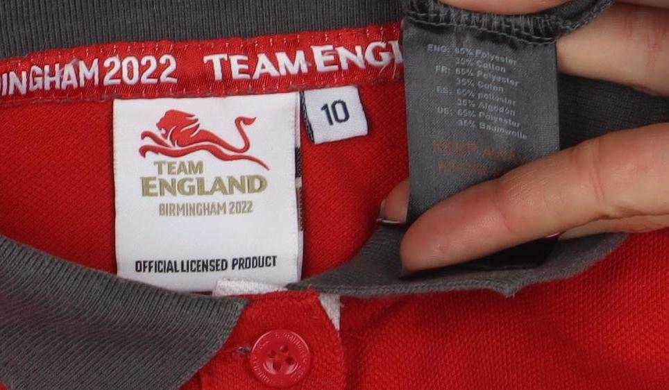 Team England Women's Red & Grey Polo Shirt Size 10 Short Sleeve Sports Top