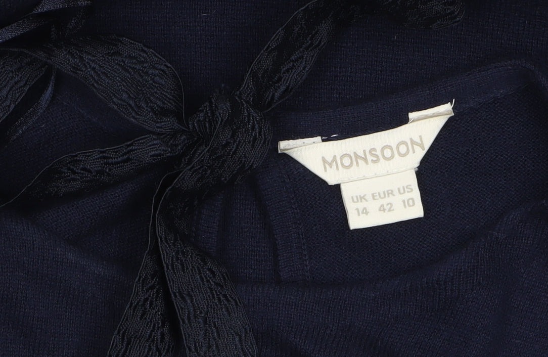 Monsoon Women Blue Size 14 Knit Shift Dress 3/4 Sleeve Bow Tie Back