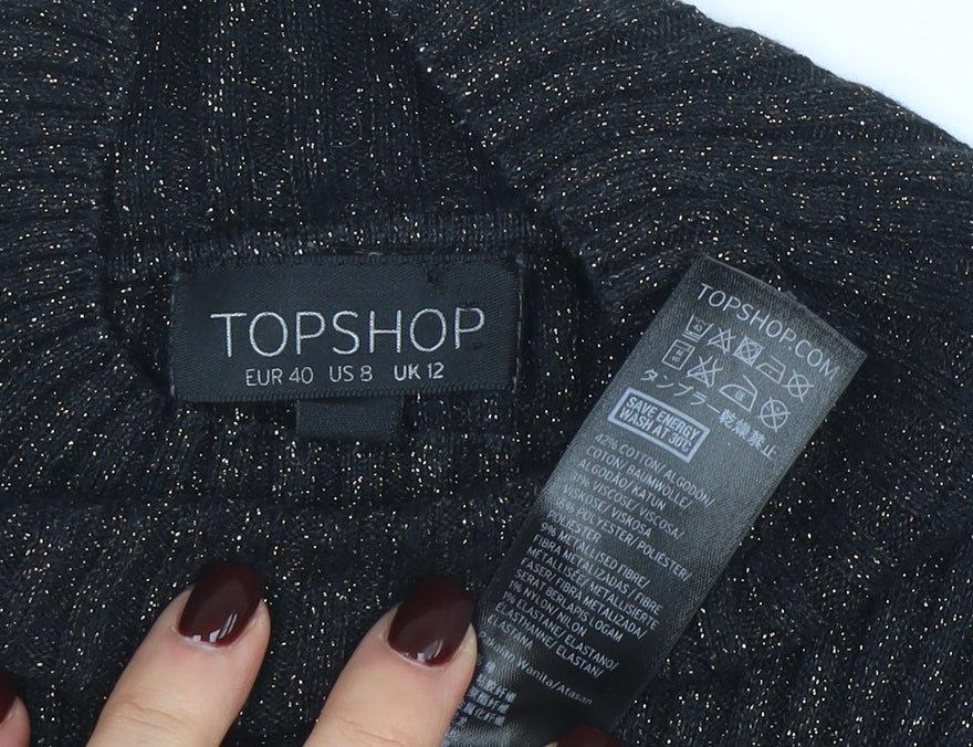 Topshop Women’s Black Metallic Roll Neck Ribbed Jumper UK 12