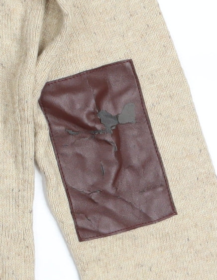 Next Women Beige Cardigan Size 14 V-Neck Knit Faux Leather Elbow Patch