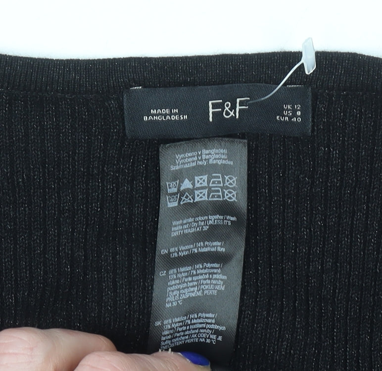 F&F Women’s Black Knit Puff Sleeve Long Sleeve Blouse UK 12