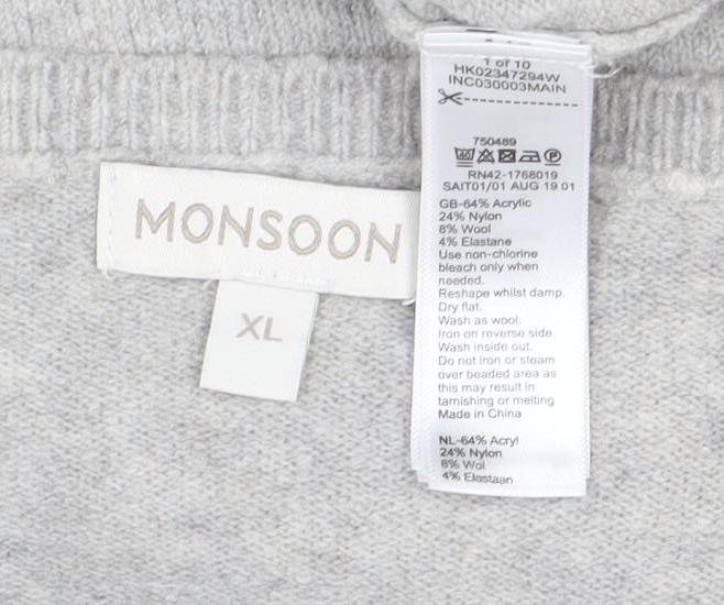 Monsoon Womens Grey Sequin Star Wool Blend Crew Neck Jumper XL