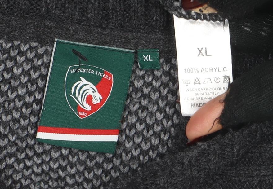 Leicester Tigers Mens Grey XL Chunky Knit Shawl Collar Jumper