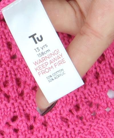Tu Girls Pink Crochet Knit Jumper 13 Years Cotton Acrylic Crew Neck