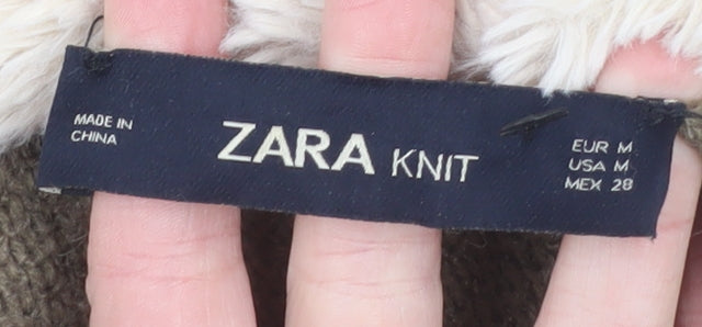 Zara Women Brown Hooded Knit Cardigan Size 12 Faux Fur Trim