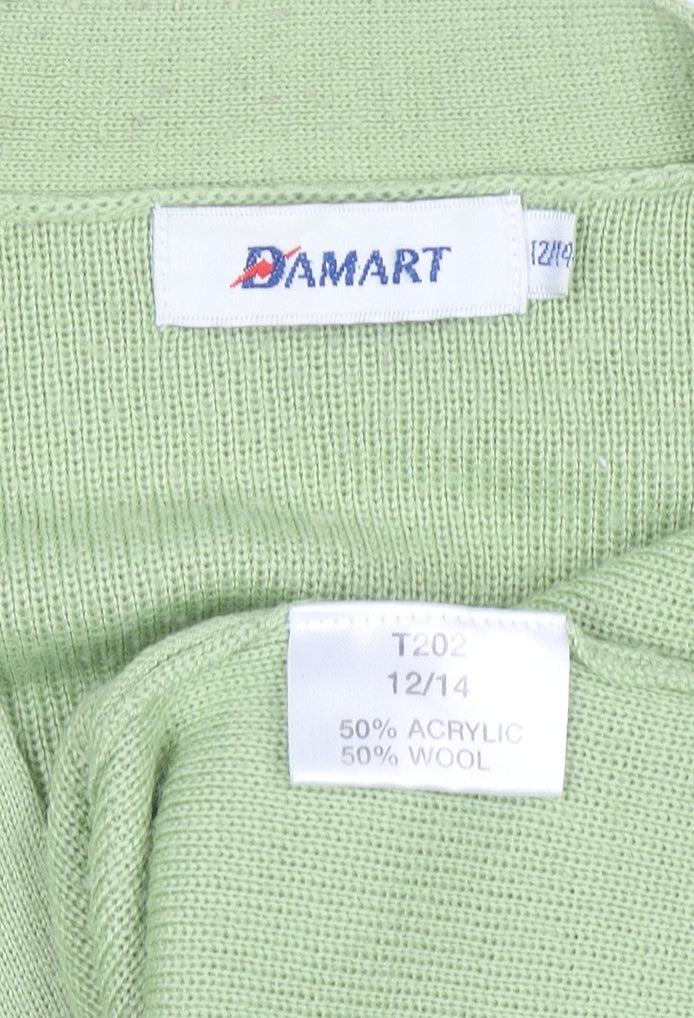 Damart Women Green Wool Blend Cardigan Size 12/14 V-Neck Button Front