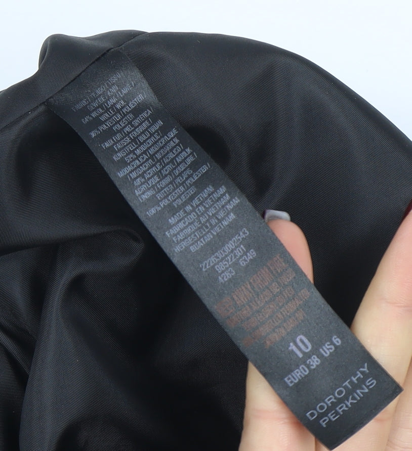 Dorothy Perkins Women's Black Faux Fur Trim Wool Blend Mid-Length Coat Size 10