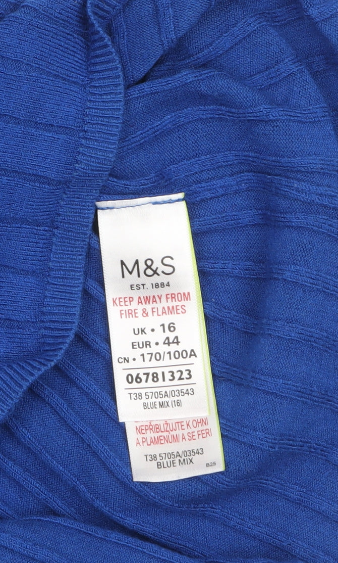 Marks and Spencer Women Blue Size 16 Ribbed Knit Short Sleeve Jumper