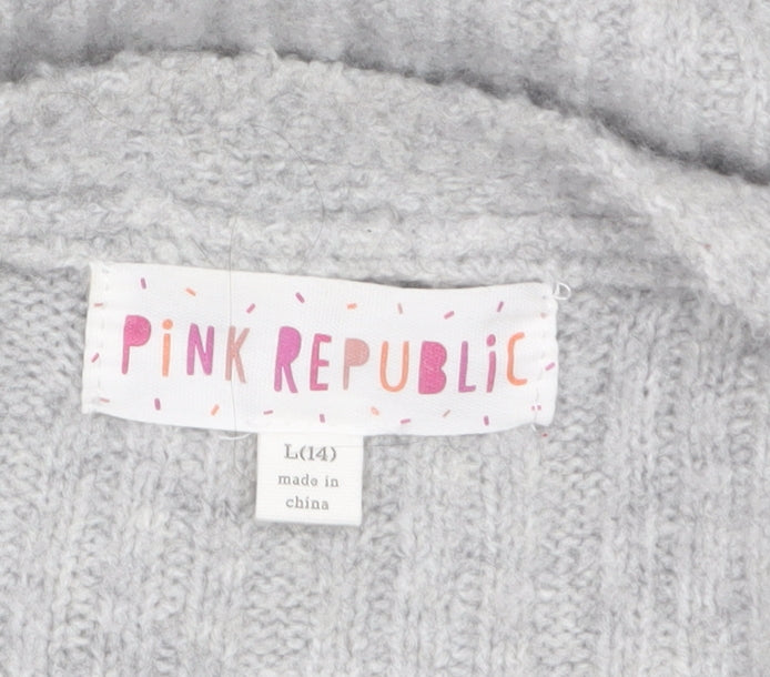 Pink Republic Womens Grey L Ribbed Knit Open Cardigan Jumper