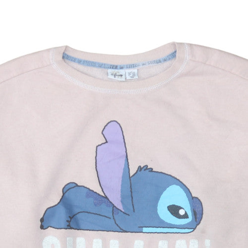 Disney Women Pink Stitch Sweatshirt L Relaxed Fit Crew Neck