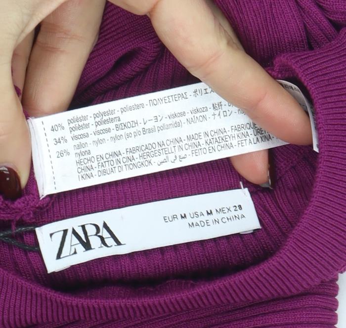 ZARA Women Purple Puff Sleeve Rib Knit Crew Neck Jumper Size 12