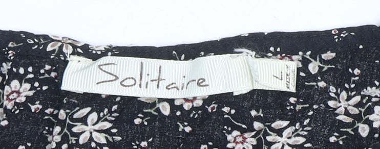 Solitaire Womens Black Floral Embroidered Sleeveless Boho Blouse Size L