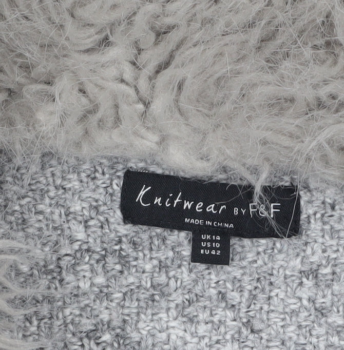 F&F Women’s Grey Faux Fur Trim Open Cardigan Size 14 Knitwear