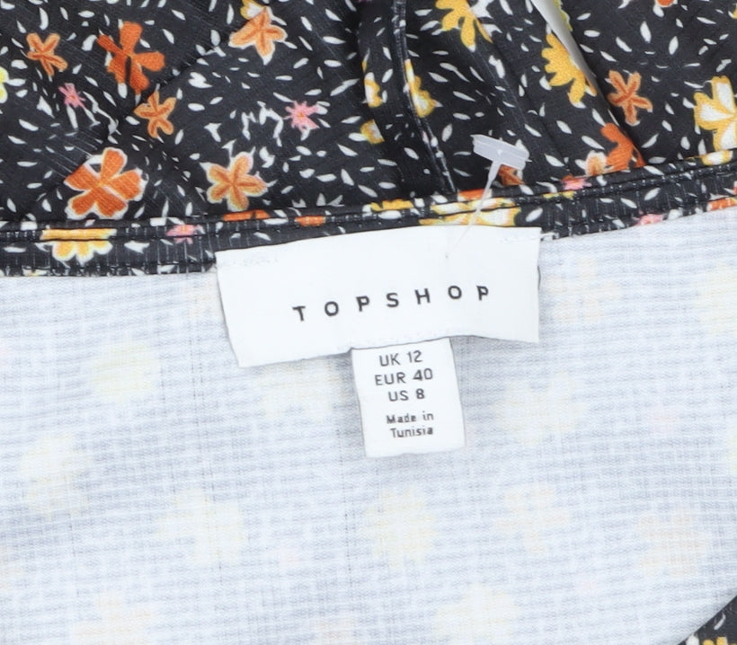 Topshop Womens Multicoloured Floral A-Line Puff Sleeve Dress UK 12