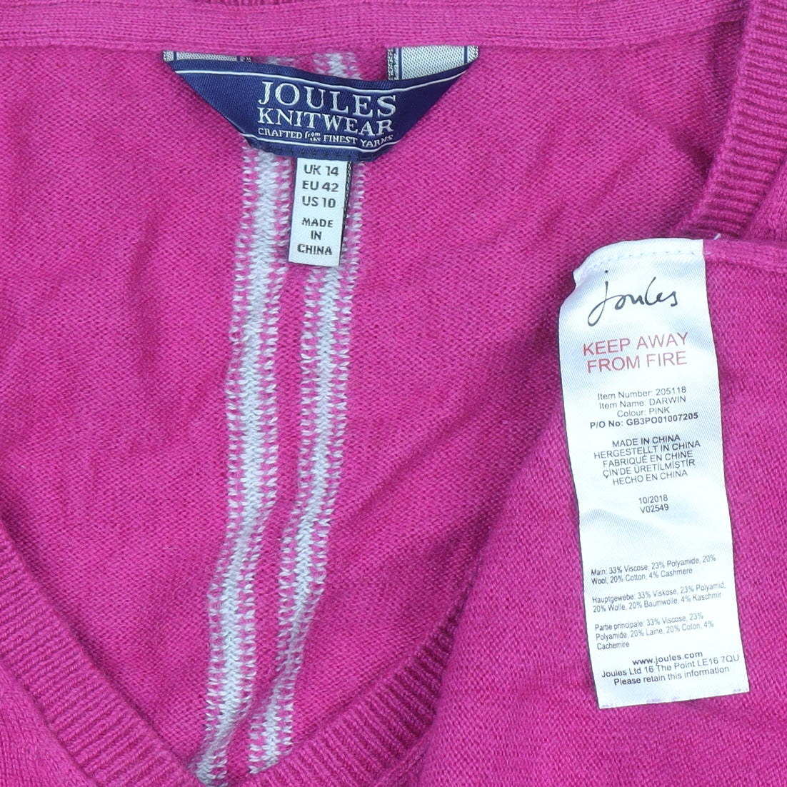 Joules Women’s Pink V-Neck Knit Jumper UK 14 Classic Fit Long Sleeve