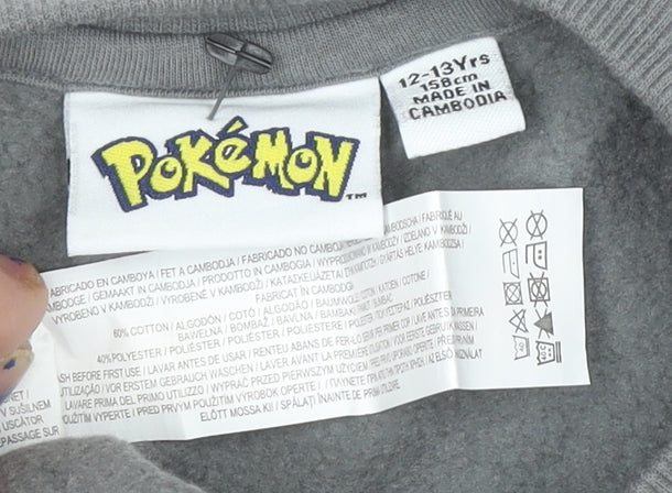 Pokémon Boys Grey Pikachu Sweatshirt 12-13 Years Crew Neck Cotton Blend