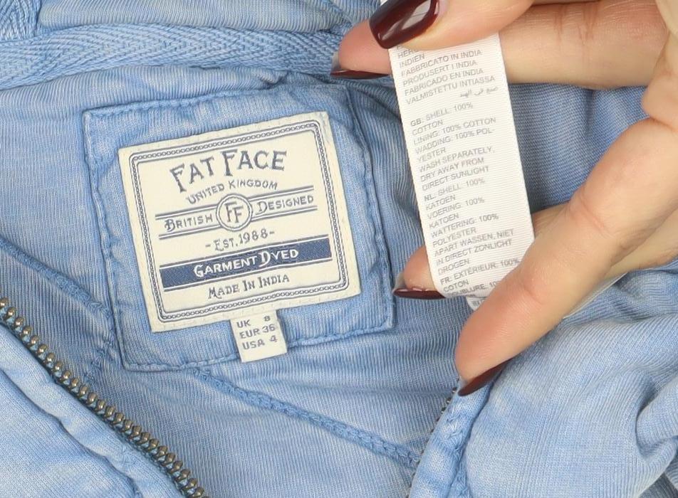 Fat Face Women Blue Quilted Full Zip Hoodie Size 8 Cotton Blend