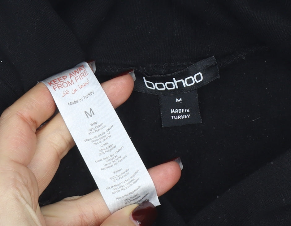 Boohoo Mens Black Pullover Hoodie M Graphic Print Logo Sweatshirt