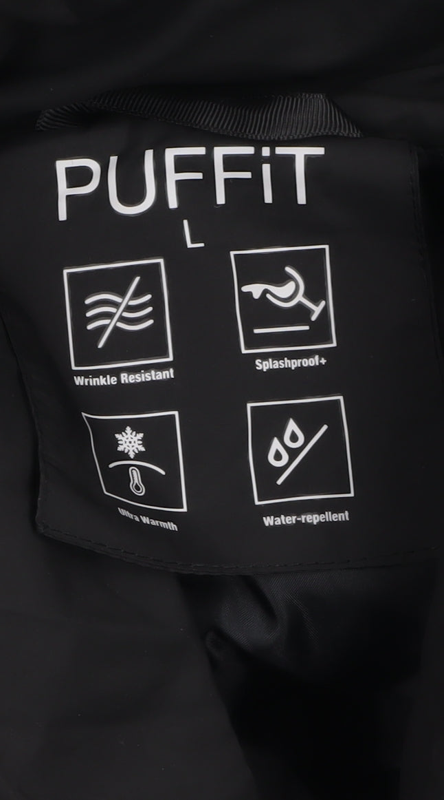 PUFFIT Women's Black Mid-Length Puffer Coat L Belted Water Resistant