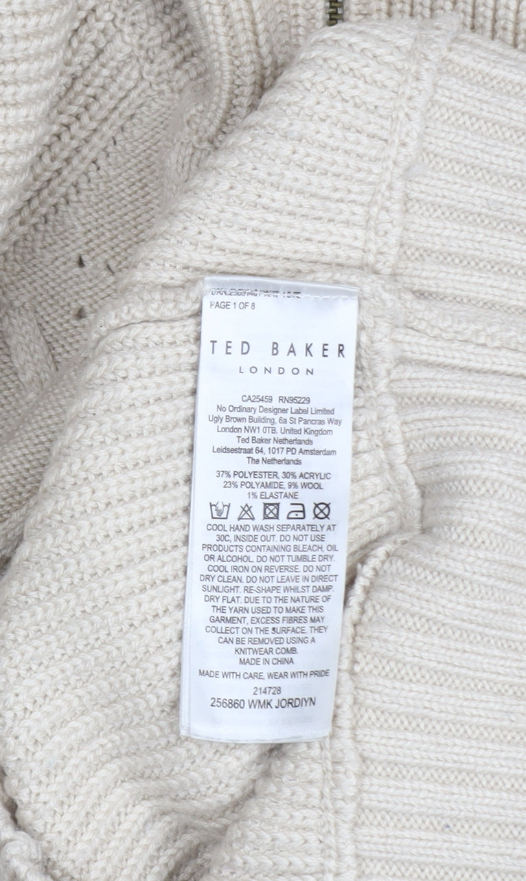 Ted Baker Women's Beige Roll Neck Full Zip Ribbed Knit Jumper XS
