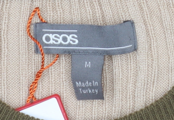 ASOS Mens Beige Red Brown Colour Block Cotton Crew Neck Jumper M