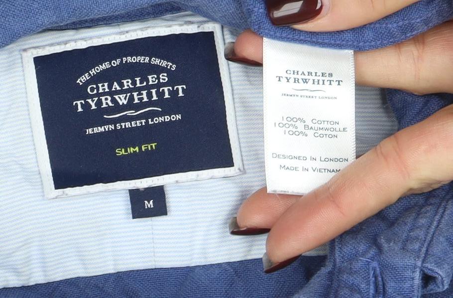 Charles Tyrwhitt Men's Blue Slim Fit Cotton Button-Up Shirt M