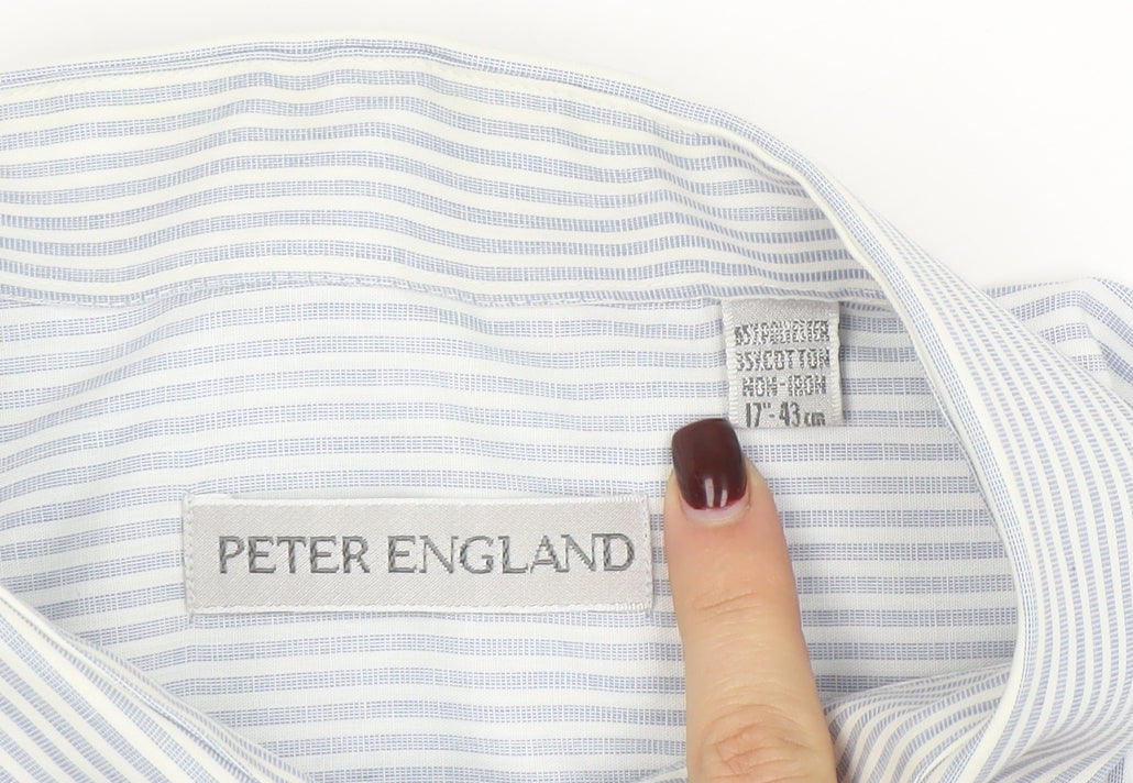 Peter England Men's Blue Striped Long Sleeve Cotton Blend Shirt 17 Regular Fit