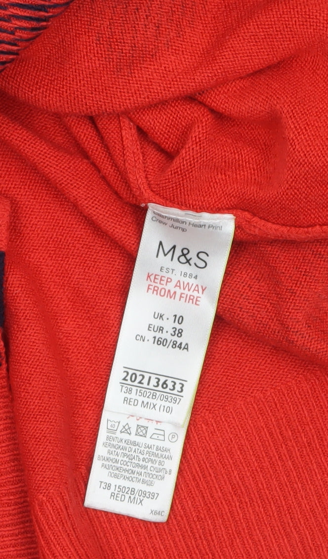 Marks and Spencer Women's Red Heart Print Crew Neck Jumper Size 10
