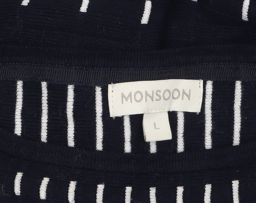 Monsoon Women Blue Striped Knit Fit & Flare Dress Size L